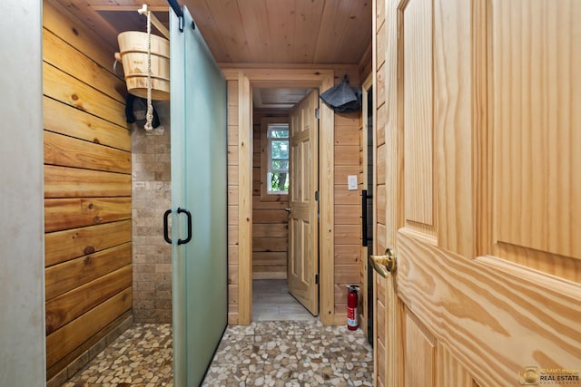 8019 S Malta Rd, Dekalb, IL 60115 - bathroom featuring wooden ceiling, a shower stall, and wood walls