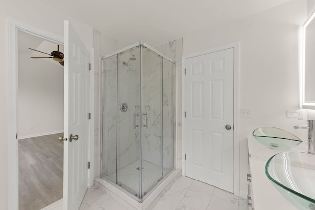 1918 Prairie Ridge Ct, Plainfield, IL 60586 - full bath with marble finish floors, a ceiling fan, and a marble finish shower