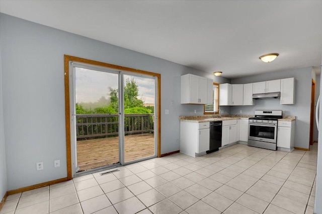 6621 Samantha Ln, Rockford, IL 61107 - kitchen with gas stove, dishwasher, under cabinet range hood, white cabinets, and light stone countertops