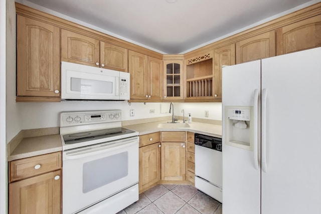 260 E Chestnut St Unit 1904, Chicago, IL 60611 - kitchen with white appliances, glass insert cabinets, light countertops, and light tile patterned floors