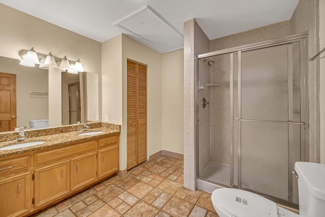 20772 N Elizabeth Ave, Prairie View, IL 60069 - full bathroom featuring stone finish flooring, double vanity, a shower stall, and a closet