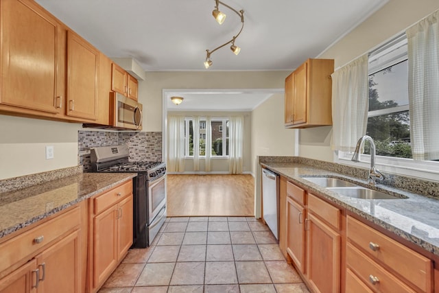 20772 N Elizabeth Ave, Prairie View, IL 60069 - kitchen featuring stainless steel appliances, decorative backsplash, light stone counters, and rail lighting