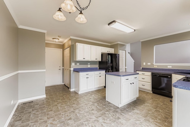 504 Lancaster Dr, Pingree Grove, IL 60140 - kitchen with black appliances, dark countertops, white cabinetry, a center island, and ornamental molding
