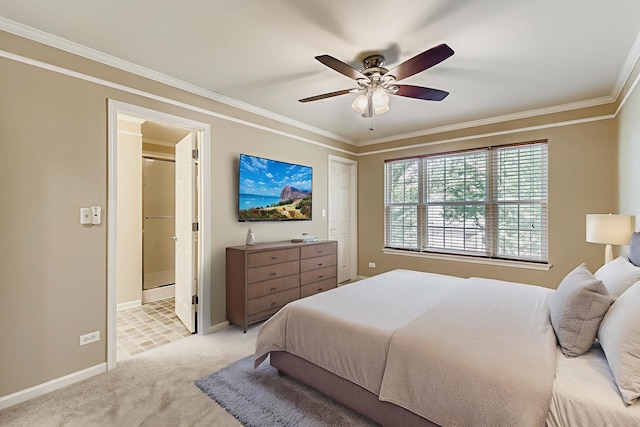 504 Lancaster Dr, Pingree Grove, IL 60140 - bedroom with light carpet, ornamental molding, ensuite bath, and ceiling fan