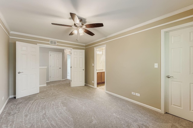 504 Lancaster Dr, Pingree Grove, IL 60140 - unfurnished bedroom with light colored carpet, crown molding, ensuite bath, and ceiling fan