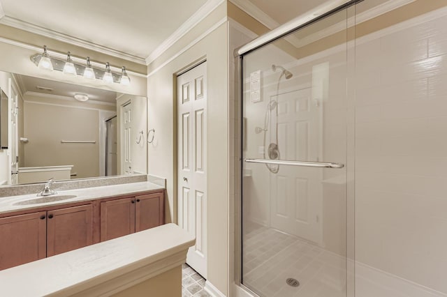 504 Lancaster Dr, Pingree Grove, IL 60140 - bathroom featuring a stall shower, vanity, and ornamental molding