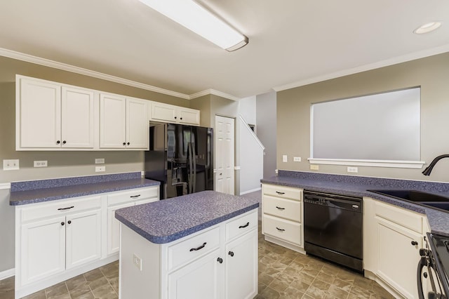 504 Lancaster Dr, Pingree Grove, IL 60140 - kitchen featuring black appliances, crown molding, dark countertops, and white cabinetry