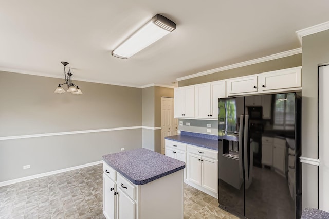 504 Lancaster Dr, Pingree Grove, IL 60140 - kitchen with refrigerator with ice dispenser, dark countertops, white cabinets, ornamental molding, and decorative light fixtures