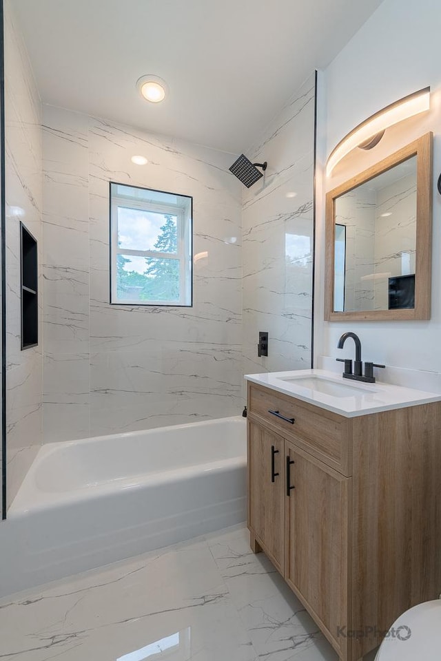 11956 S Harvard Ave, Chicago, IL 60628 - bathroom featuring vanity, marble finish floors, and shower / bathtub combination