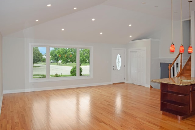 9343 170th Pl, Orland Hills, IL 60487 - entrance foyer with lofted ceiling, light wood-style flooring, stairway, a fireplace, and recessed lighting