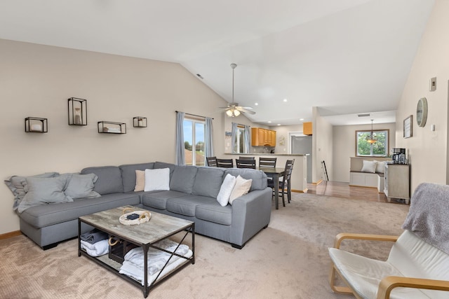 2408 Danbury Dr Unit A2, Woodridge, IL 60517 - living room with plenty of natural light, lofted ceiling, light carpet, ceiling fan, and recessed lighting