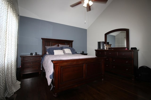6142 W 60th St, Chicago, IL 60638 - bedroom with dark wood-type flooring, ceiling fan, and high vaulted ceiling