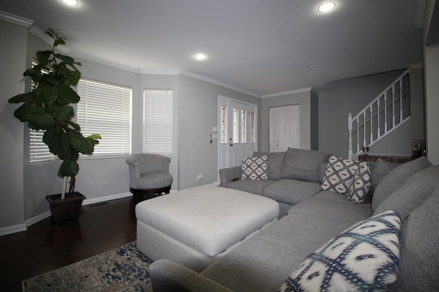 6142 W 60th St, Chicago, IL 60638 - living room with wood finished floors, stairs, plenty of natural light, recessed lighting, and crown molding
