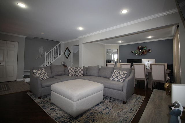 6142 W 60th St, Chicago, IL 60638 - living room featuring stairs, wood finished floors, recessed lighting, and ornamental molding