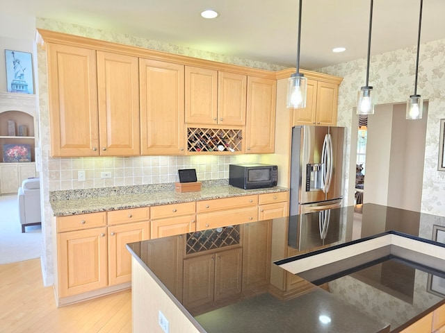 4 Forest View Dr, Hawthorn Woods, IL 60047 - kitchen with stainless steel refrigerator with ice dispenser, black microwave, light wood-style flooring, and light brown cabinets