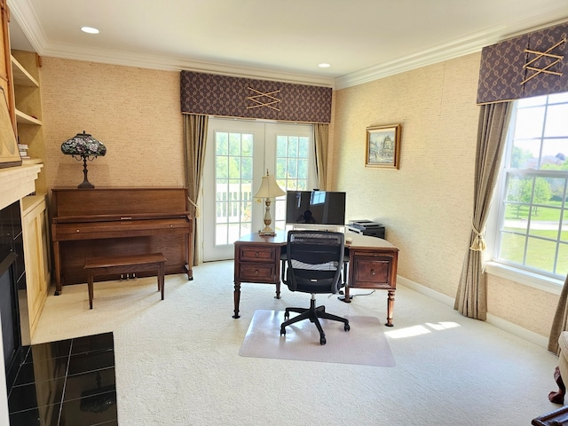 4 Forest View Dr, Hawthorn Woods, IL 60047 - office area with ornamental molding, plenty of natural light, carpet, and wallpapered walls