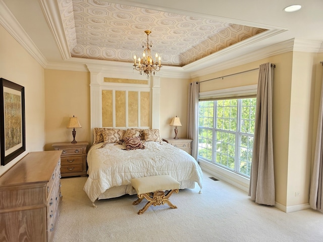 4 Forest View Dr, Hawthorn Woods, IL 60047 - bedroom featuring light colored carpet, a chandelier, a raised ceiling, and crown molding
