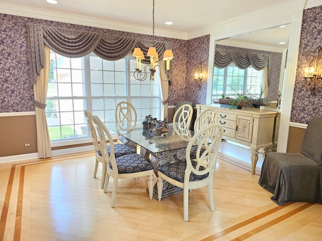 4 Forest View Dr, Hawthorn Woods, IL 60047 - dining room featuring wallpapered walls, a chandelier, crown molding, plenty of natural light, and light wood-style flooring