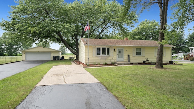 7837 Wagon Wheel Ln, Rockford, IL 61109 - ranch-style house with an outbuilding, a front lawn, a garage, and a chimney