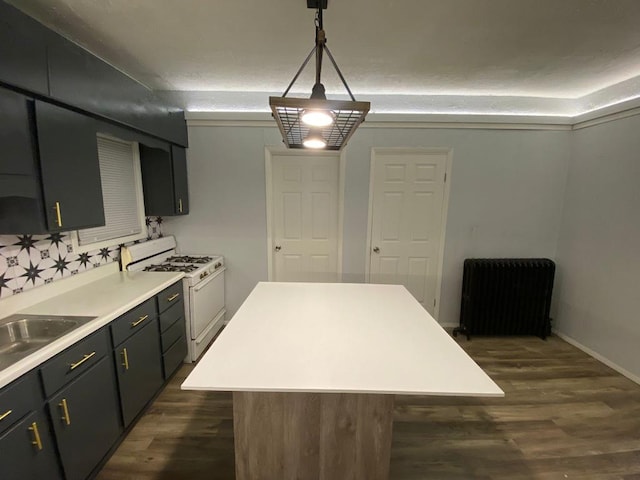 207 W Main St, La Harpe, IL 61450 - kitchen with white gas range, radiator, dark wood-style floors, and light countertops