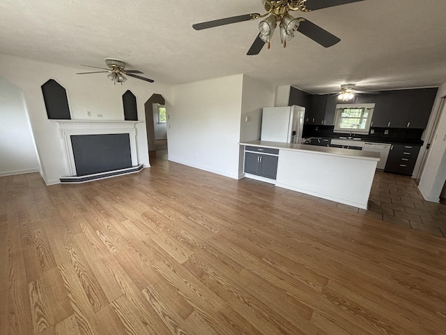 3667 Arthesia St E, Armstrong, IL 61812 - kitchen with ceiling fan, dishwasher, open floor plan, wood finished floors, and a textured ceiling