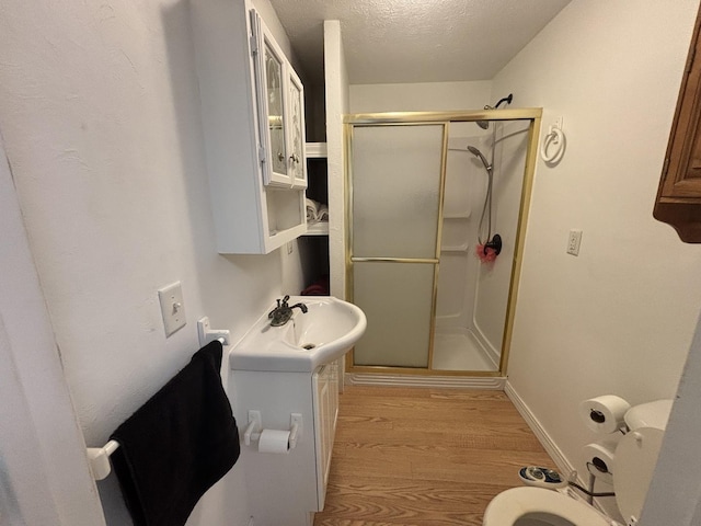 3667 Arthesia St E, Armstrong, IL 61812 - full bathroom featuring a shower stall, wood finished floors, a textured ceiling, and vanity