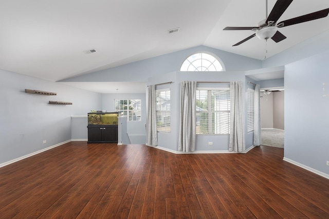 395 Cascade Ln Unit 0, Oswego, IL 60543 - unfurnished living room featuring a ceiling fan, lofted ceiling, and hardwood / wood-style flooring