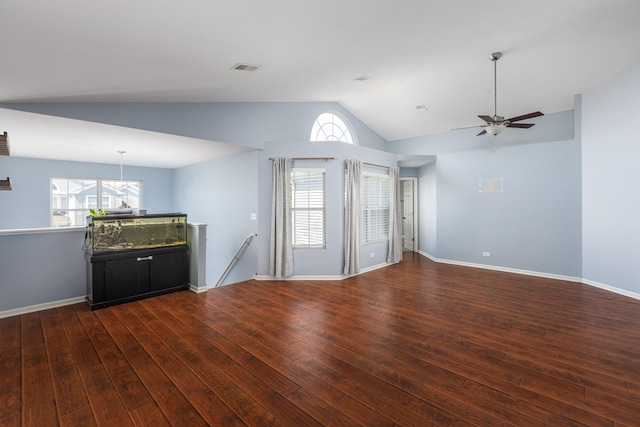 395 Cascade Ln Unit 0, Oswego, IL 60543 - unfurnished living room featuring vaulted ceiling, wood finished floors, and a ceiling fan