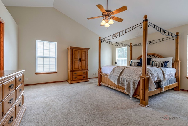 330 Greenview Ln, Lake Villa, IL 60046 - bedroom with multiple windows, light carpet, high vaulted ceiling, and ceiling fan