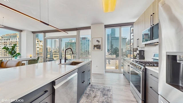 757 N Orleans St Unit 907, Chicago, IL 60654 - kitchen with appliances with stainless steel finishes, a view of city, light wood-style floors, light countertops, and gray cabinets