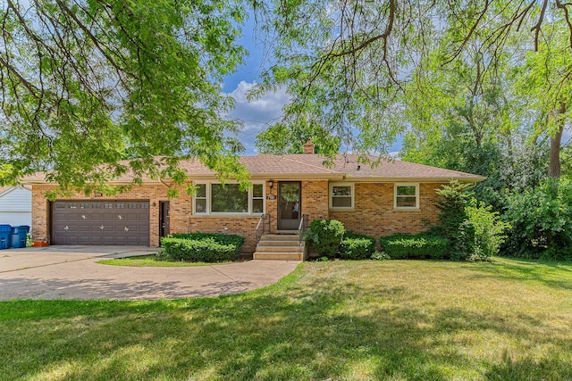 1481 Bloomingdale Rd, Glendale Heights, IL 60139 - ranch-style home featuring brick siding, concrete driveway, a chimney, and a front lawn