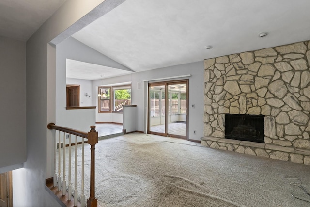 1485 Bryn Mawr Ln, Rockford, IL 61107 - unfurnished living room featuring carpet floors, lofted ceiling, and a fireplace