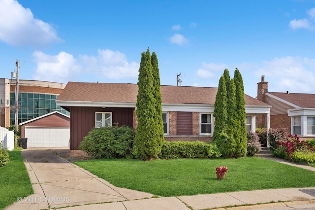 7241 N Mcvicker Ave, Chicago, IL 60646 - ranch-style house with brick siding, a front lawn, an outbuilding, a detached garage, and roof with shingles