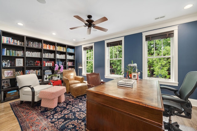 2131 W Schiller St, Chicago, IL 60622 - office area featuring crown molding, a ceiling fan, light wood finished floors, and recessed lighting