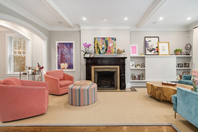 2131 W Schiller St, Chicago, IL 60622 - living area with a fireplace with flush hearth, crown molding, recessed lighting, and wood finished floors