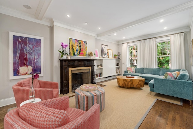 2131 W Schiller St, Chicago, IL 60622 - living area with wood finished floors, recessed lighting, a premium fireplace, crown molding, and beamed ceiling