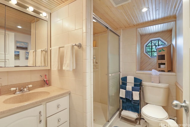 3914 N Richmond Rd, Johnsburg, IL 60051 - bathroom with wooden ceiling, vanity, a shower stall, tile walls, and crown molding