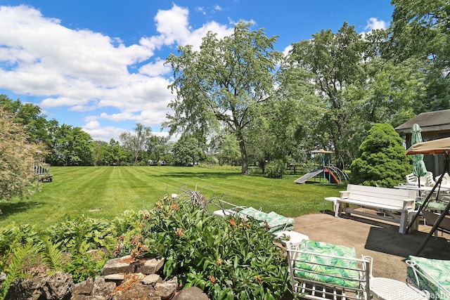 3914 N Richmond Rd, Johnsburg, IL 60051 - view of green lawn with a playground, view of wooded area, and a patio