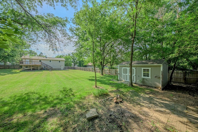 214 Somerset Ct, New Lenox, IL 60451 - fenced backyard featuring a storage unit, stairs, and a wooden deck