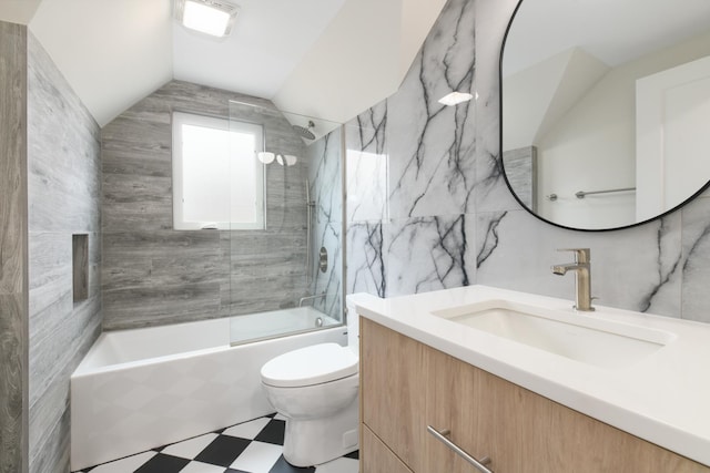 5309 Crain St, Skokie, IL 60077 - bathroom with vanity, tub / shower combination, lofted ceiling, and tile patterned floors