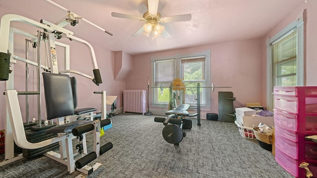 123 E 3rd St, Byron, IL 61010 - exercise area with radiator heating unit, carpet floors, and ceiling fan