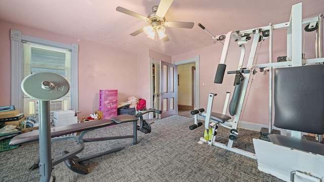 123 E 3rd St, Byron, IL 61010 - exercise area featuring a ceiling fan and carpet