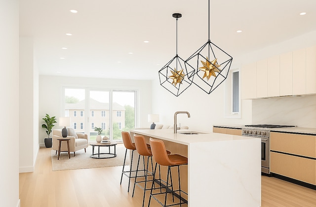 1325 N Artesian Ave Unit 3, Chicago, IL 60622 - kitchen featuring stainless steel stove, light wood finished floors, a kitchen breakfast bar, light countertops, and modern cabinets