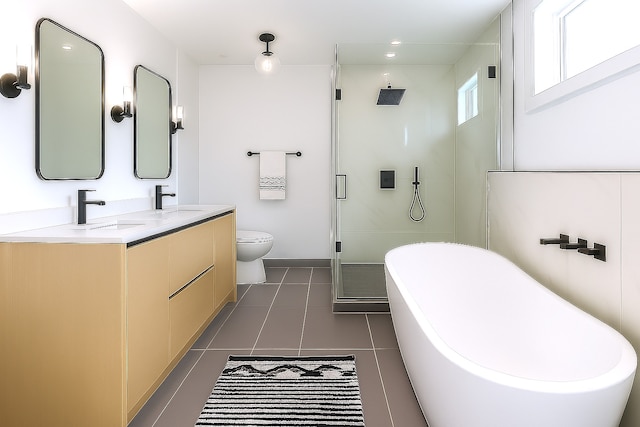 1325 N Artesian Ave Unit 3, Chicago, IL 60622 - bathroom with a stall shower, double vanity, a freestanding bath, tile patterned flooring, and recessed lighting