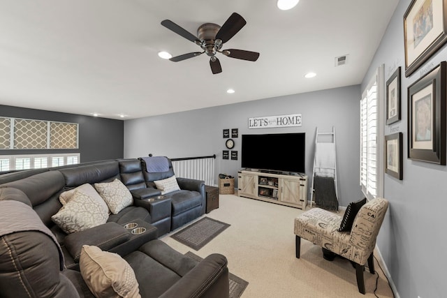 2406 Georgetown Cir, Aurora, IL 60503 - living room with ceiling fan, light carpet, and recessed lighting