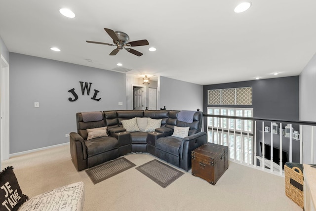 2406 Georgetown Cir, Aurora, IL 60503 - living room featuring ceiling fan, recessed lighting, and carpet floors
