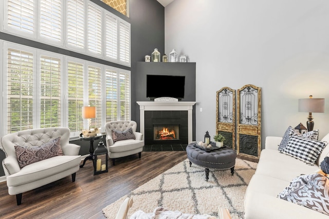 2406 Georgetown Cir, Aurora, IL 60503 - living area featuring a high ceiling, wood finished floors, and a tile fireplace