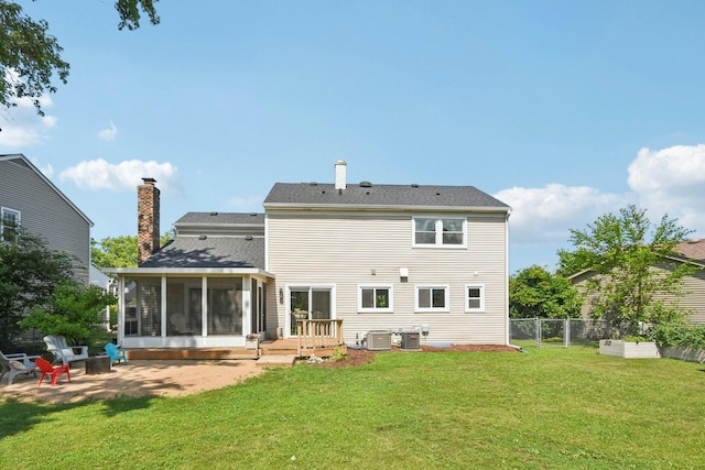 0N467 Cloos Ct, Winfield, IL 60190 - back of property featuring a sunroom, a patio, a wooden deck, and a chimney