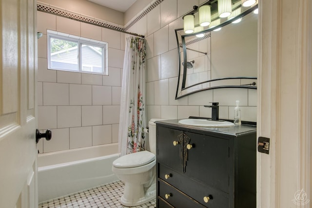 275 N Main St, Crystal Lake, IL 60014 - full bathroom featuring tile walls, vanity, shower / bath combination with curtain, tile patterned flooring, and backsplash
