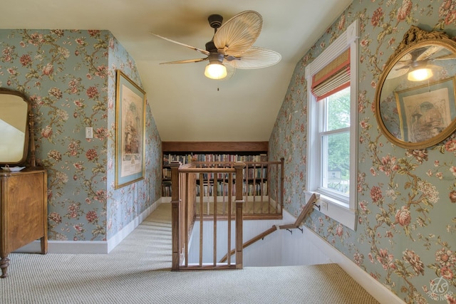 275 N Main St, Crystal Lake, IL 60014 - stairway featuring lofted ceiling, a ceiling fan, and carpet flooring